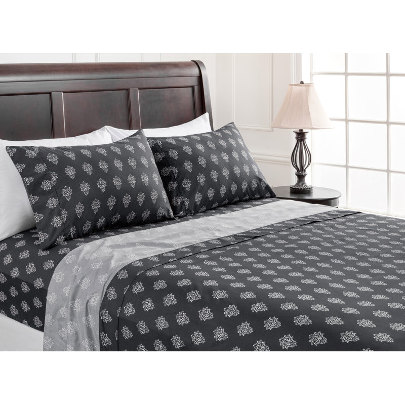 Ultra Soft Floral Microfiber Percale Sheet Set, King Sheet Set + Fitted Sheet + 2 Pillowcases, Black