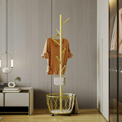Portemanteaux en métal avec panier Organisateur moderne pour écharpe Veste Sacs à chapeau Idéal pour l'entrée de la maison Chambre à coucher Stable d'angle et arbre mobile (doré)