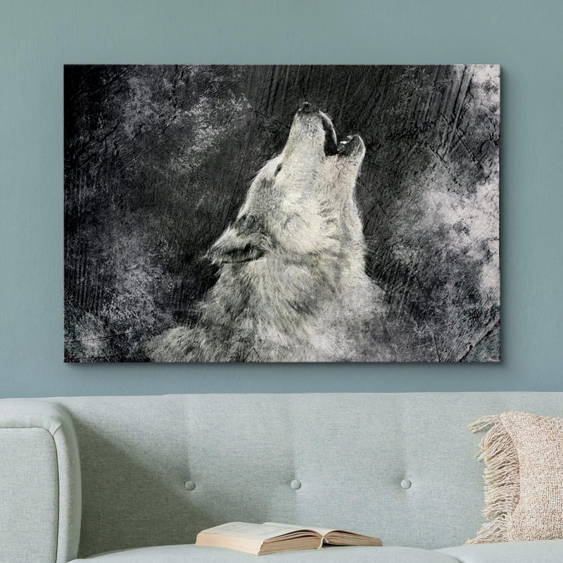 «Howling Wolf On Grunge Black Animals Wildlife» sur toile, 32'' H x 48'' W, Toile tendue
