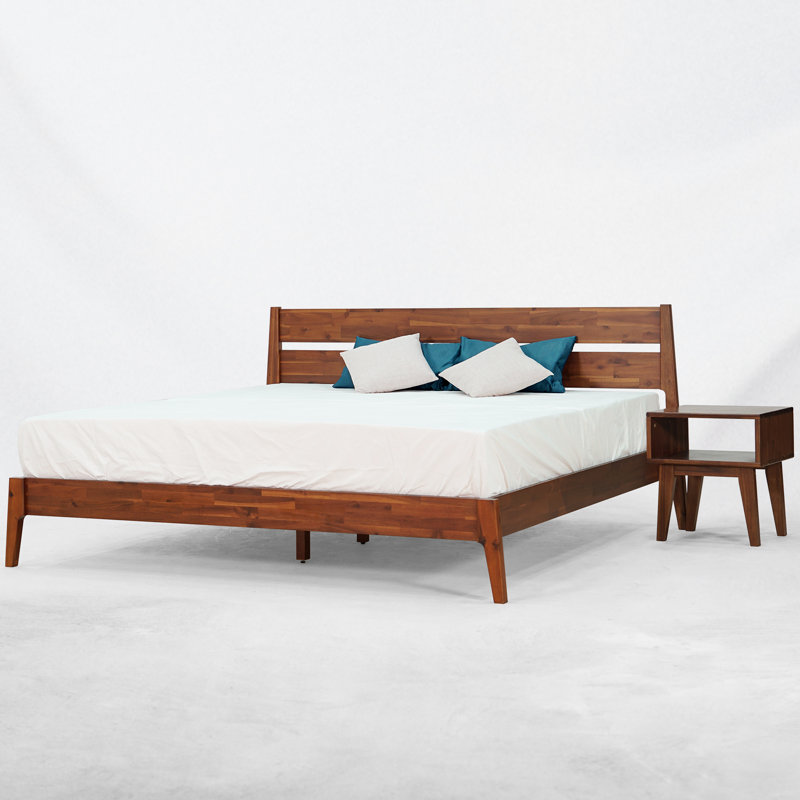 2-Pcs Bedroom Set – Solid Wood Platform Bed Frame & Matching Nightstand, Mid-Century Modern Scandinavian, 800 lbs Capacity, No Box Spring Needed