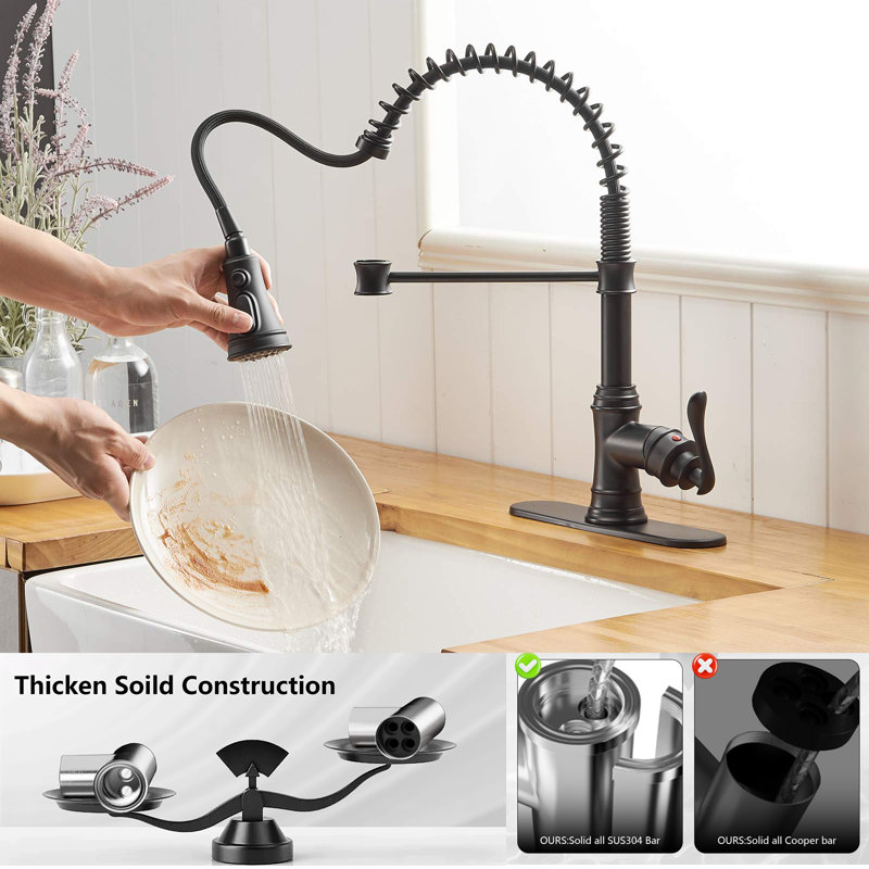 Kitchen Sink Faucet With Deck, High Arc Single Handle Pull-Down Sprayer, Three Spray Modes Kitchen Faucet, Black