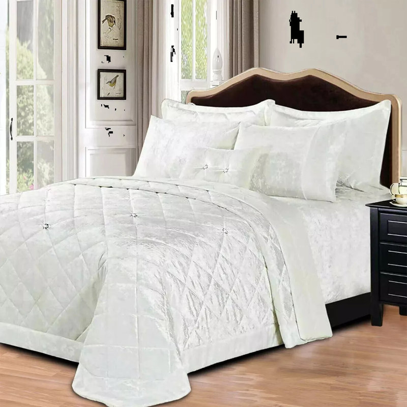 Velvet Bedspread with Pillow Shams Included, Super King Bedspread+ 2 Standard Shams, White