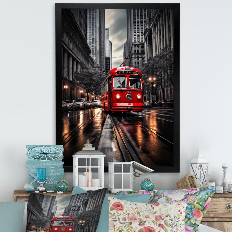 Art urbain sur toile, impression de transport urbain rouge - Red City Bus Rhythm I, Cadre photo noir, H 20 po x l 12 po