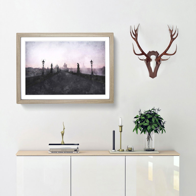 Charles Bridge in Prague - Picture Frame Graphic Art Print, 33cm H x 45cm W x 2cm D, Oak Framed