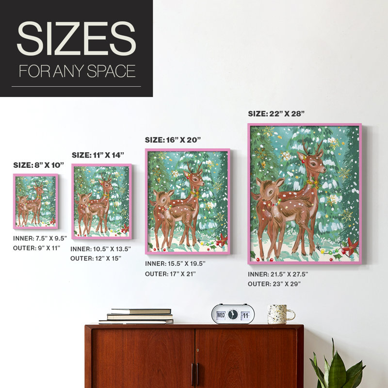 «Doe and Fawn II», reproduction encadrée - bois massif, Encadré rose, H 11 po x l 9 po