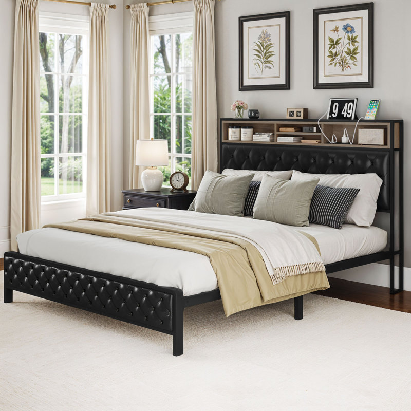 Naumann Upholstered Bookcase Storage Bed, King, Black