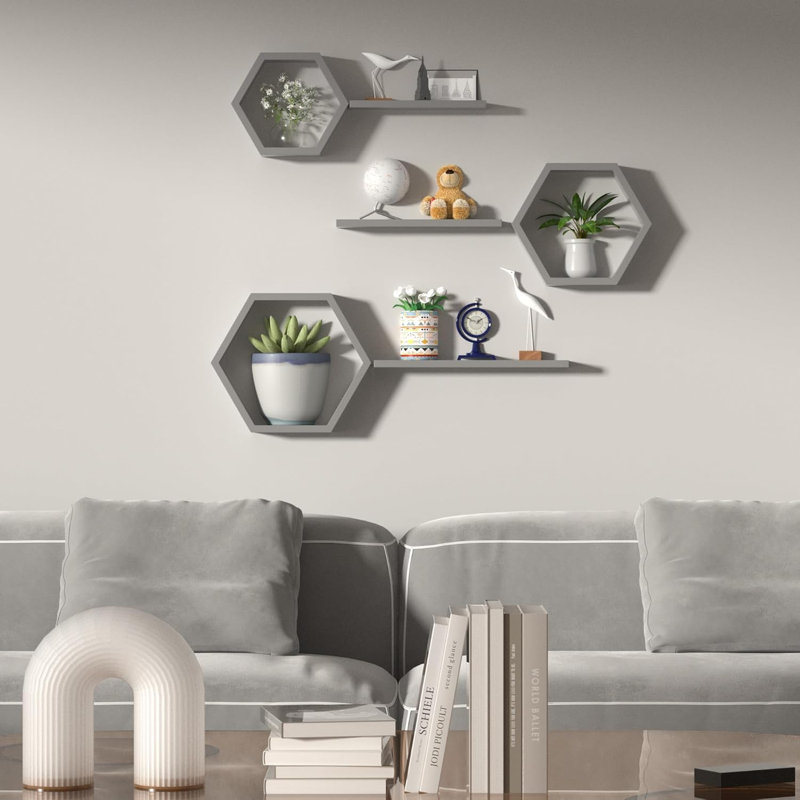 Hexagon Floating Shelves Set Of 6, Geometric Wall Shelves With Honeycomb Design For Modern Rustic Home Decor And Storage Solutions