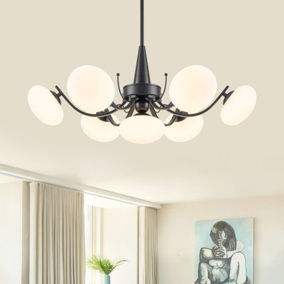 Lustre moderne noir mat à 7 lumières avec abat-jour en verre blanc, plafonnier à hauteur réglable pour salle à manger