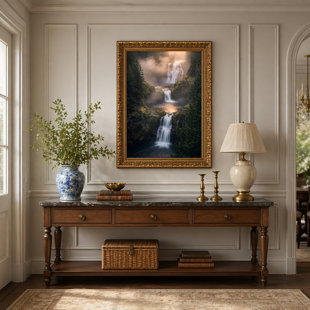 Toile naturelle encadrée en bois naturel pour salon, chambre à coucher, bureau ou vestibule - décoration murale décorative avec forêt cascade