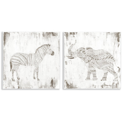 "Zebra & Elephant Boho Stripes", ensemble de 2 plaques murales, design par Janet Tava