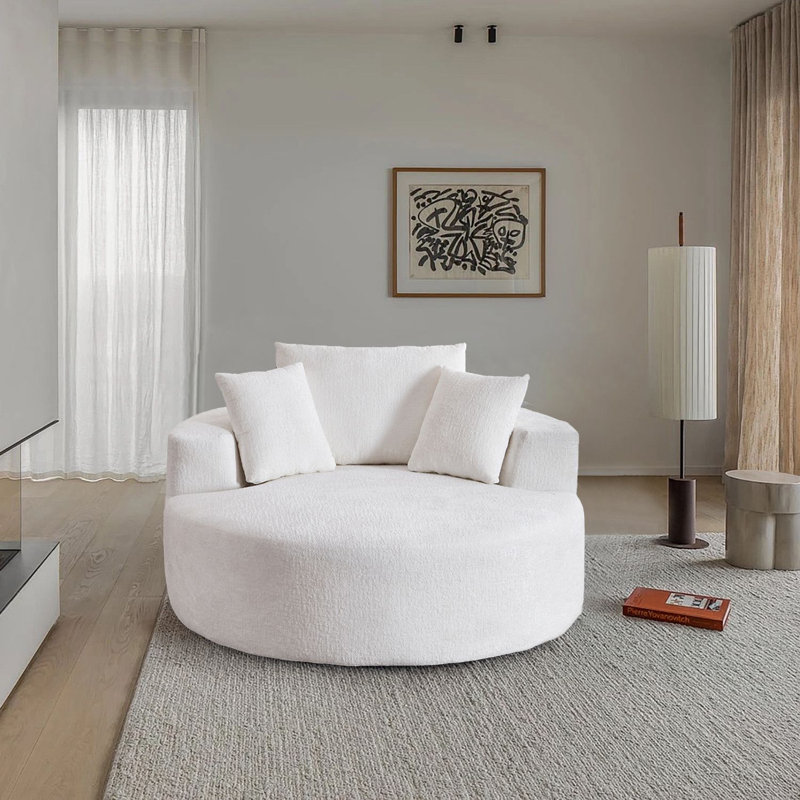 54" Beige Chenille Swivel Round Pillow accent chairs, Modern Comfortable Lounge Chair, Beige, 32.09" H x 54.33" W x 54.12" D