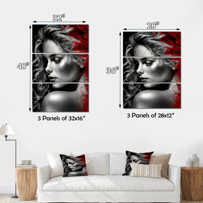 «Vintage Sensuality» en rouge et noir II - ensemble d'art mural sur toile femme sensuelle, H 28 po x l 36 po x P 1 po