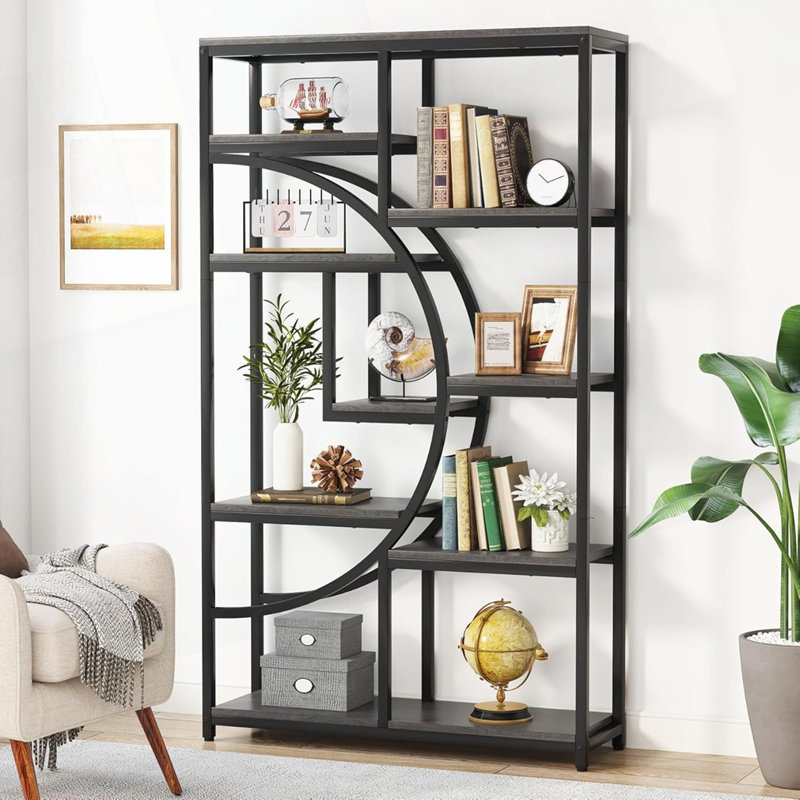 Industrial 5-Tier Rustic Black Corner Etagere Bookshelf with 9 Open Shelves Storage Organizer, Black/Gray
