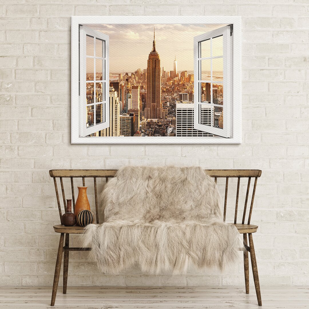 Leinwandbild Manhattan Empire State Building Fenster 100X75cm – Premium Leinwanddruck – Kunstdruck Auf 2Cm Holz-Keilrahm...