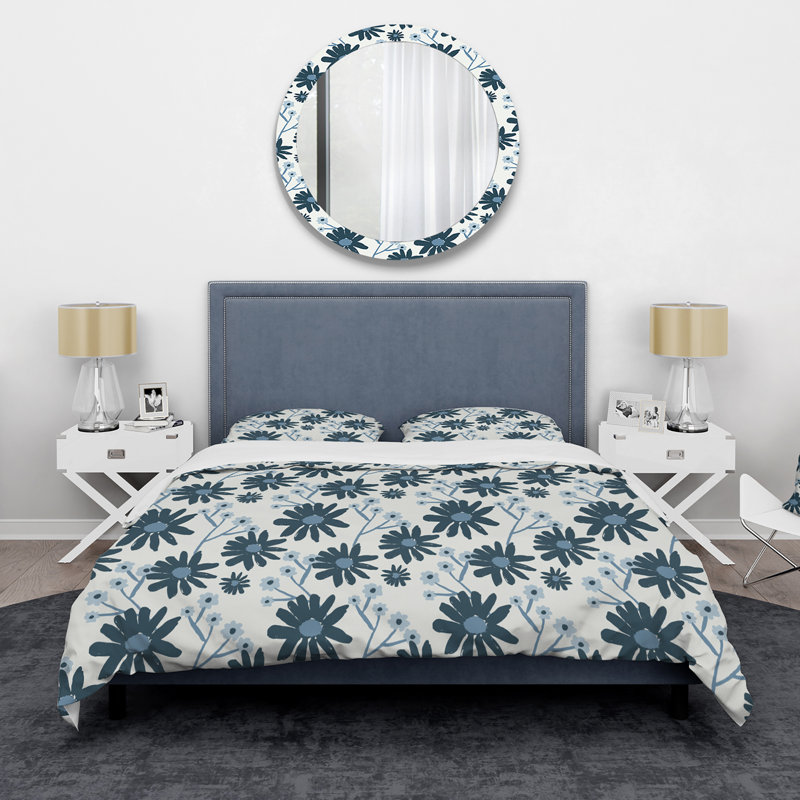Fleurs bleues abstraites - Ensemble de housse de couette moderne Mid-Century - Microfibre de polyester