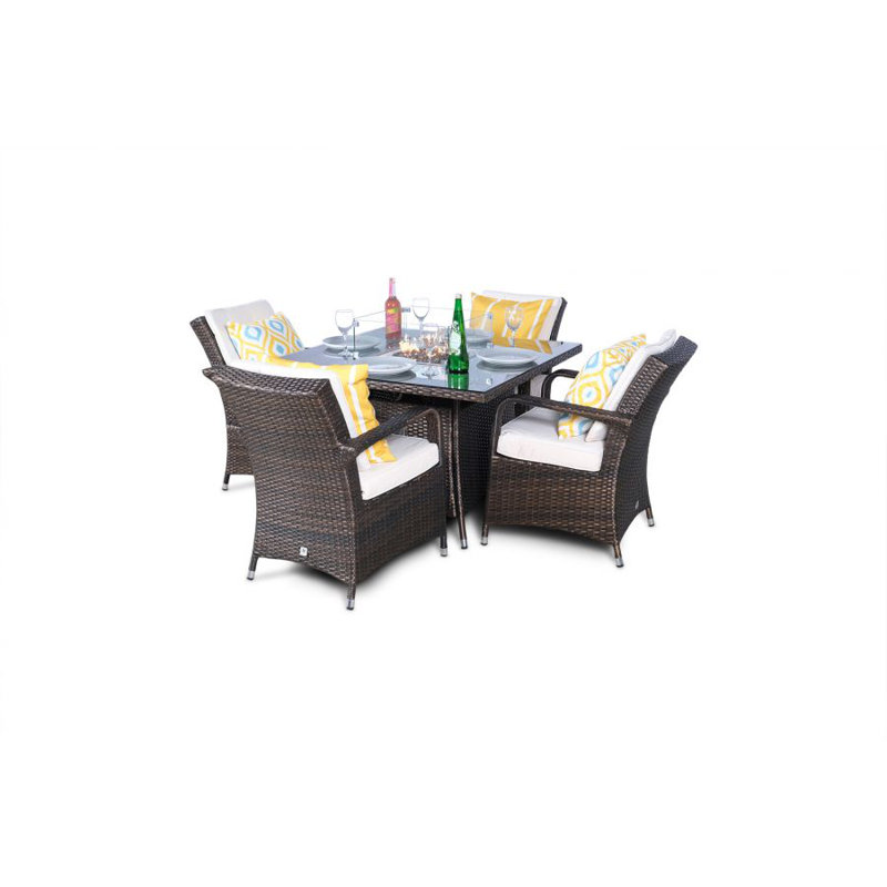 Parris 4 - Person Wicker Patio Dining Set with Square Table , Cushions Included, Brown, Beige