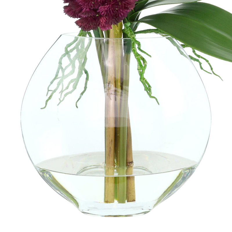 Orchid And Sedum Arrangement In Glass Vase