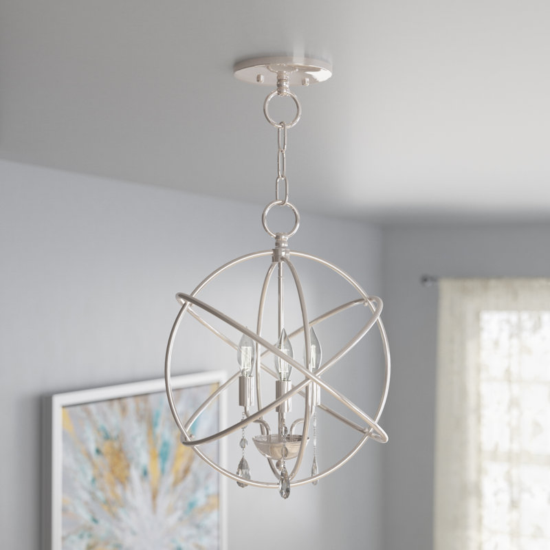 Luminaire suspendu sphérique unique à 3 lumières avec détails en cristal Laclair, Nickel poli