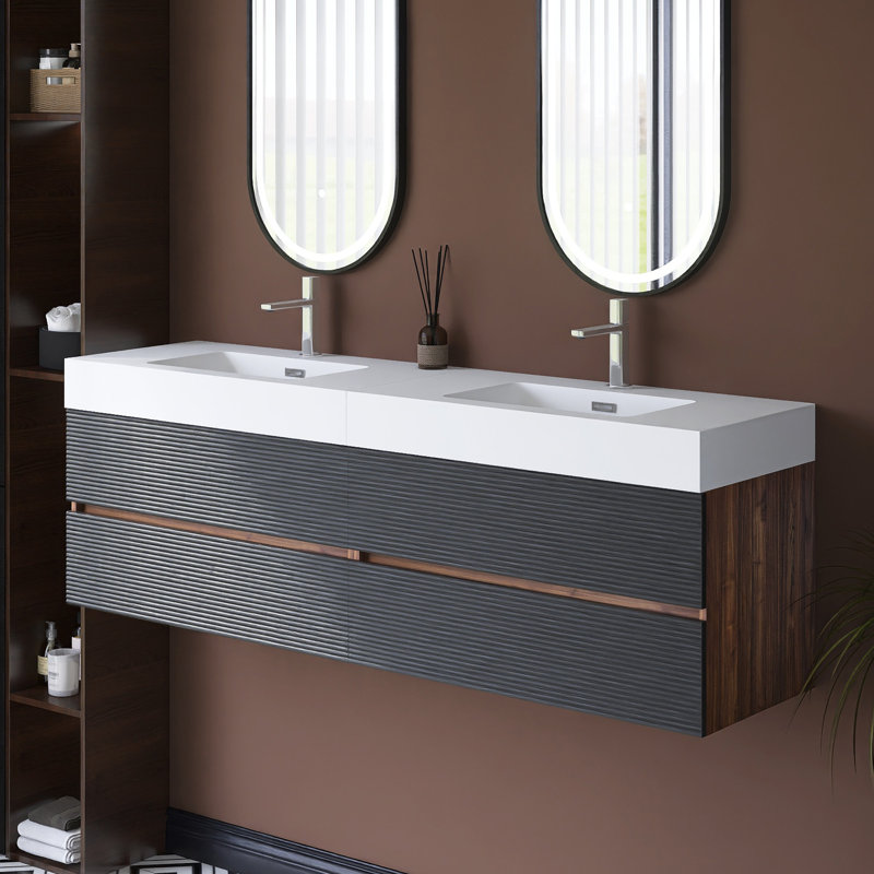 Meuble-lavabo mural 72 po avec lavabo à surface solide intégré, 72"