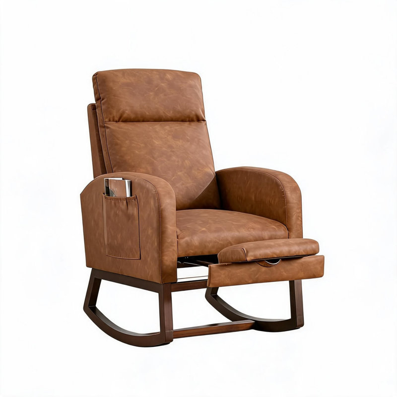 Chaise berçante de chambre de bébé, fauteuil coulissant 300 lb avec pieds en bois massif, similicuir, brun, 36,22 po x 25,98 po x 40,16 po