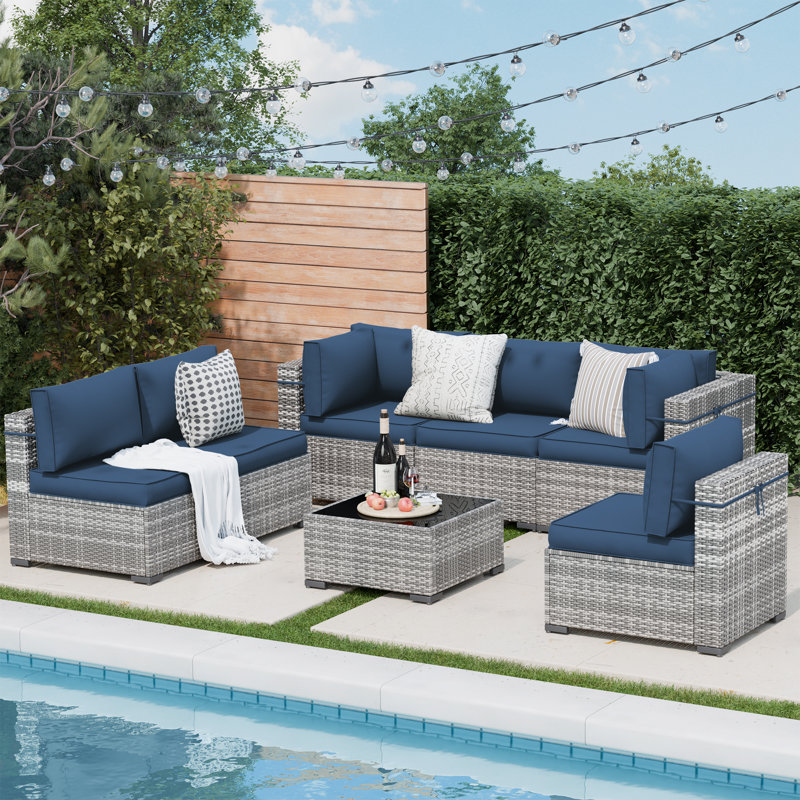 Ensemble de conversation modulaire en rotin 2 pièces avec coussins, Bleu marine