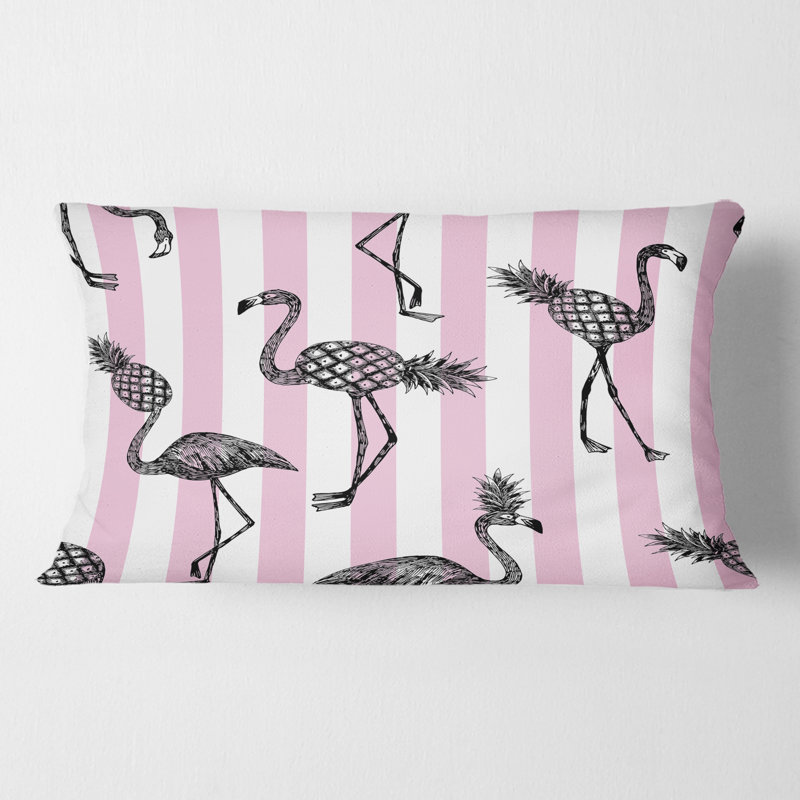 Flamant rose sur coussin rose moderne Mid-Century