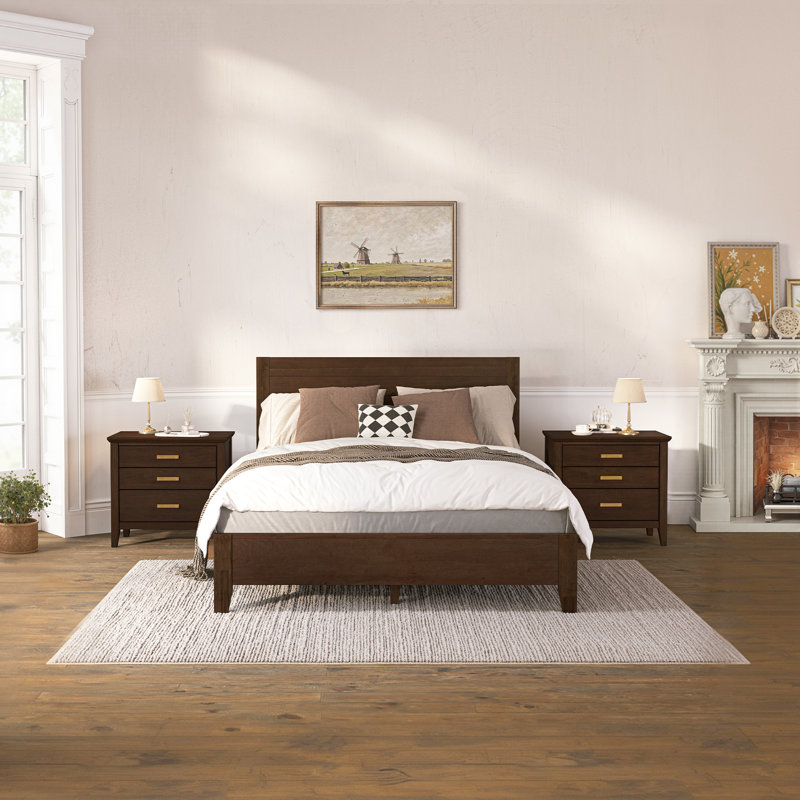 Lessio 3-Piece Bedroom Set with a Bed and Two Nightstands, Queen, Dark Walnut
