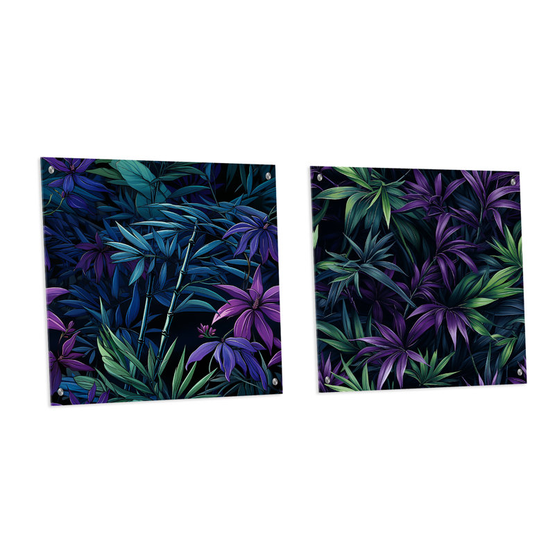 Bambou crépuscule vert et mauve motif tropical, H 16 po x l 33 po