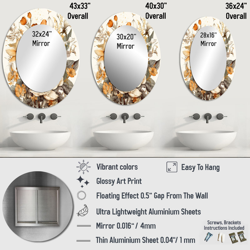 Traduction libre Bouquet de fleurs crème et oranges II - Grand miroir mural ovale sur métal, 40 po x 30 po
