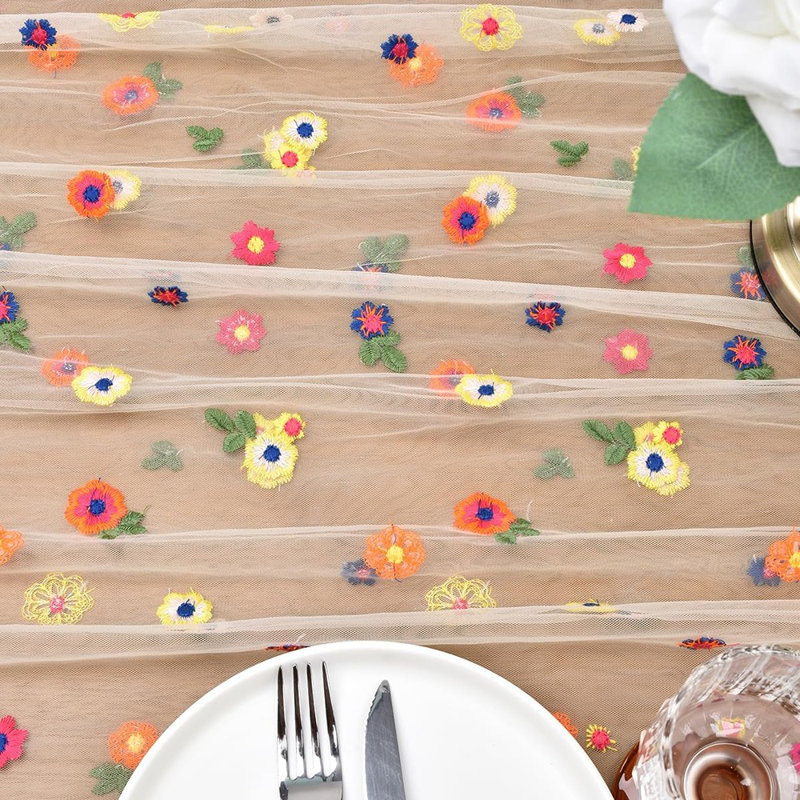 Table Runner - Champagne - 10-Foot Embroidered Daisy Tulle Runner For Spring/Summer, Seasonal Home And Party Table Décor