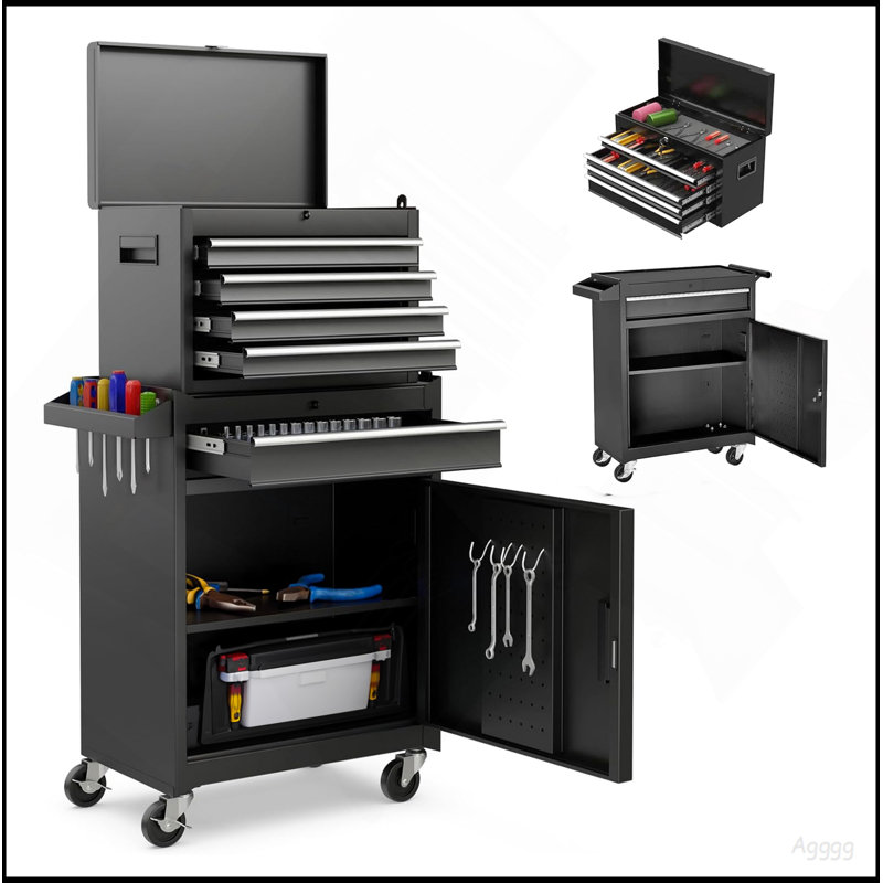 Coffre à outils, armoire de rangement à outils à 5 tiroirs avec coffre à outils amovible, doublure, roues verrouillables universelles, tablette réglable, mécanisme de verrouillage, chariot à outils en métal, outils de 154 pièces