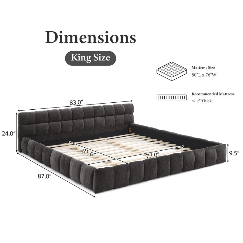 Chenille Upholstered Bed Frame With Headboard, Gray, King