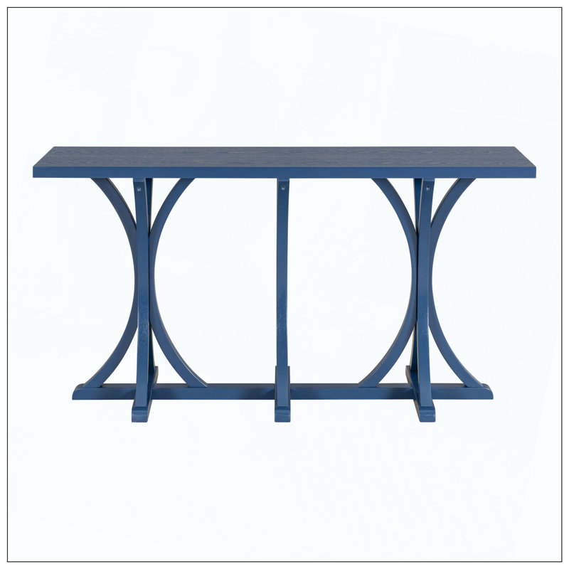 Farmhouse Wooden Console Table Oak Veneer Top Curved Rubber Wood Legs, Navy Blue