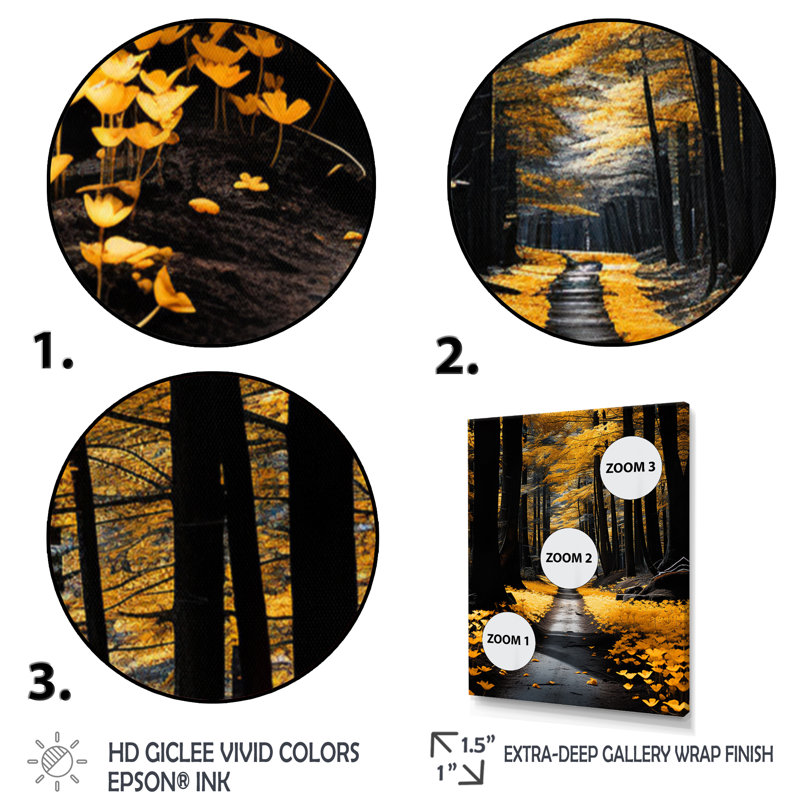 Sentier de solitude dans la forêt jaune - art mural floral, salon, H 32 po x l 16 po x P 1 po, Cadre photo blanc