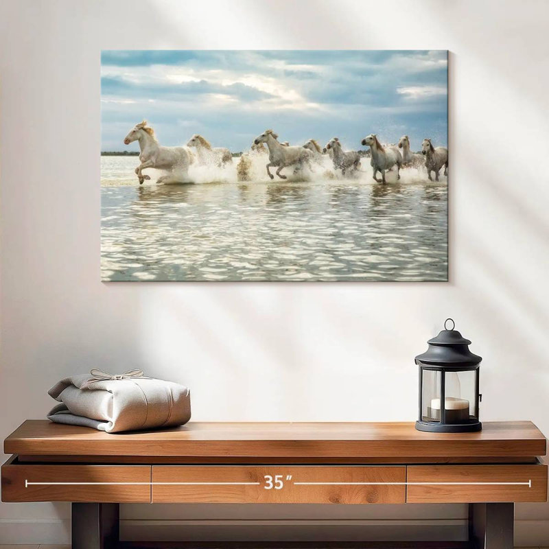 Crowle Camargue, chevaux qui courent dans l'eau X, H 16 po x l 24 po