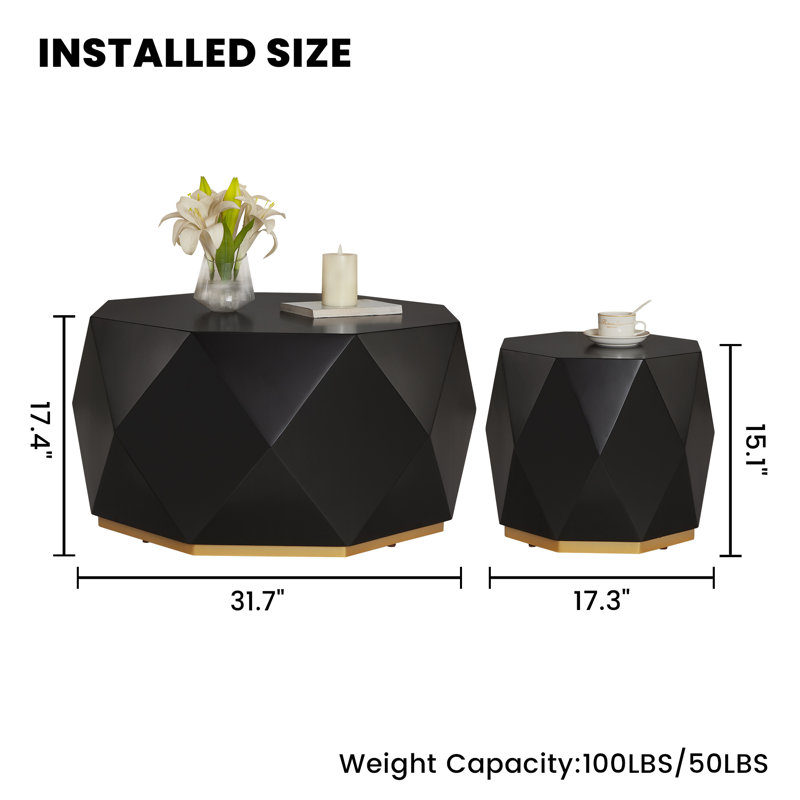 2-Piece Modern Coffee Table Set for Small Spaces, Diamond & Octagon Wood Tables, No Assembly, Black