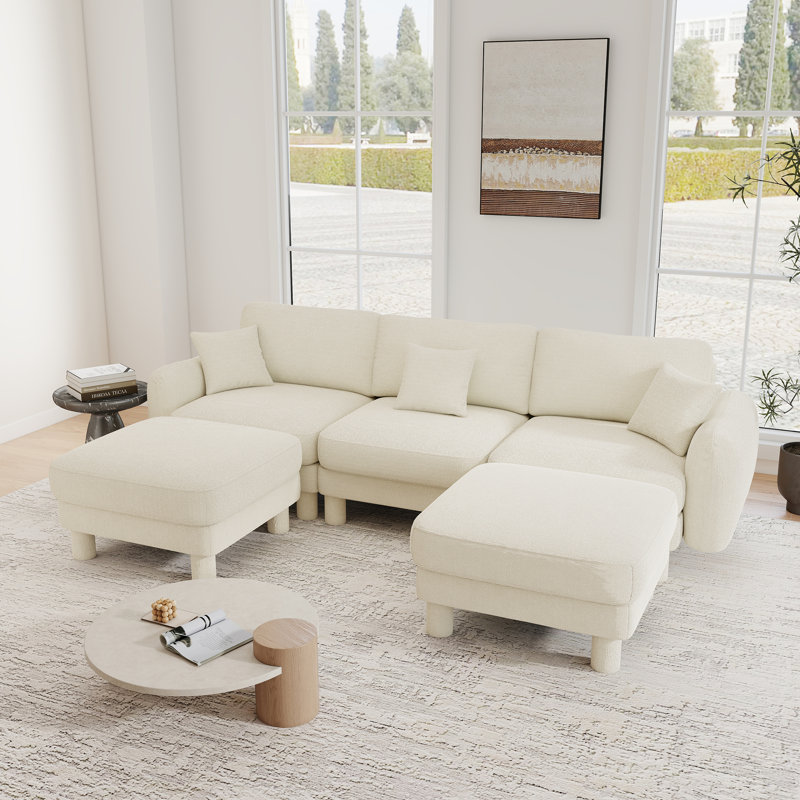 Canapé modulaire en U, canapé convertible 3 places avec 2 repose-pieds, Beige Boucle