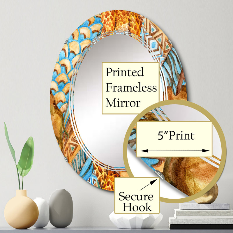 Girafe et caméléon sur motif géométrique africain - miroir mural à motif ovale, 30 po x 20 po