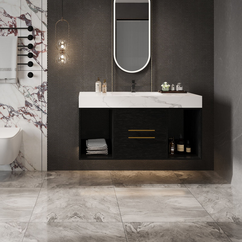Meuble-lavabo mural moderne avec lavabo, meuble-lavabo flottant moderne, Noir