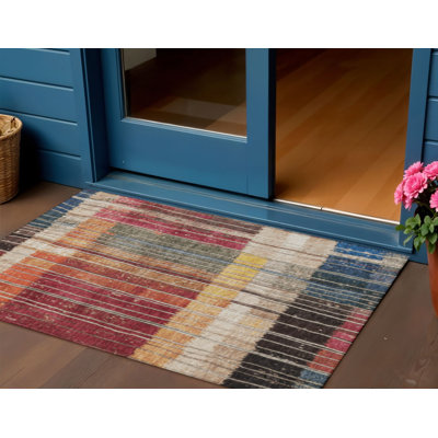 3' X 5' Beige Red And Yellow Striped Washable Indoor Outdoor Area Rug
