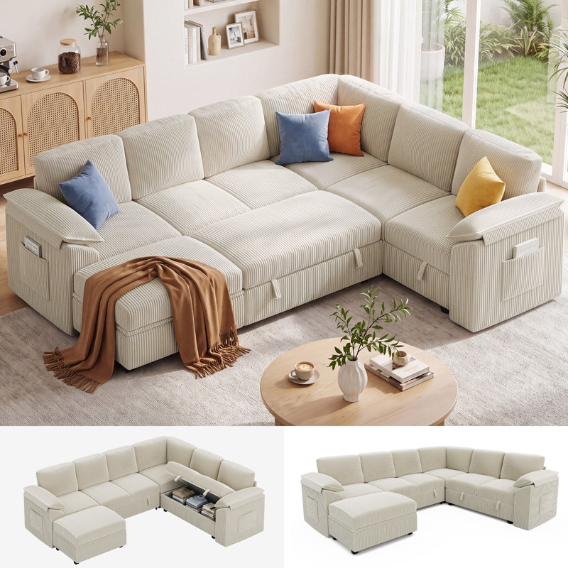 107" Upholstered Corduroy U Shaped Modular Sectional Sleeper Sofa with Pull Out Bed and Storage Ottoman, Beige