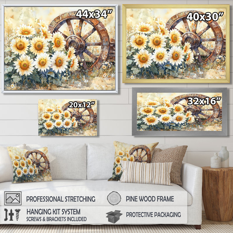 Doten tournesols par roue de chariot, H 12 po x l 20 po, Reproduction encadrée d'une seule photo, Noir, noir, noir, noir