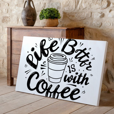 Toile, création d'une illustration minimaliste en noir et blanc mettant en vedette un art mural stylisé, une tasse de café au centre