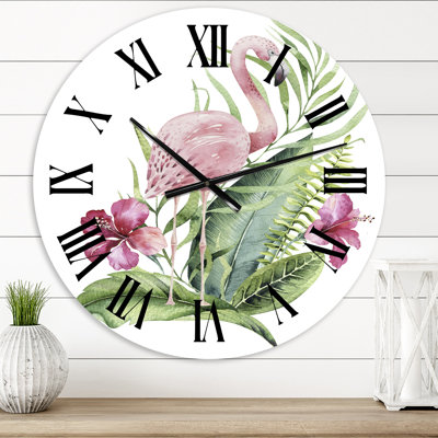Flamant rose avec feuillage exotique et fleurs roses - Horloge murale traditionnelle
