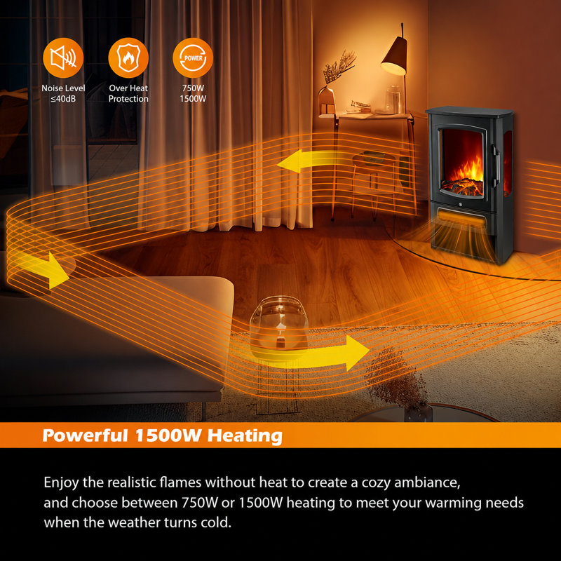 GX Freestanding Electric Fireplace (ND-183C) - Three-Sided Window, Adjustable Thermostat, Two Heat Settings, 1000/2000W, Iron Glass Plastic