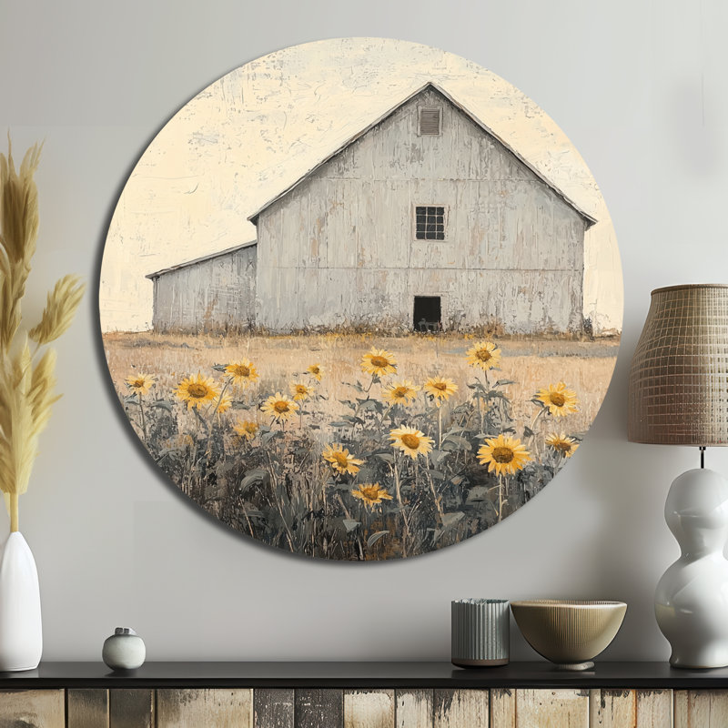 Photos de grange Minimalsim avec tournesols - impression de ferme sur cercle métallique, H 16 po x l 16 po