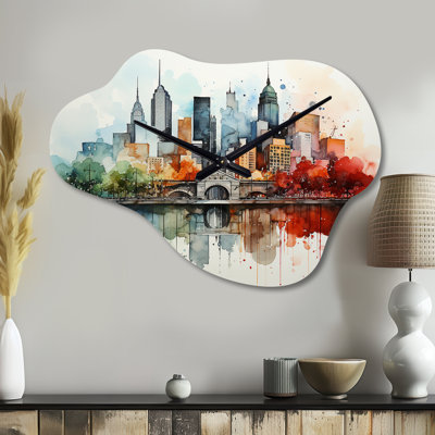 Colourful NYC Cityscape Watercolor I - Cloud Shape Large Multi-Colour Wall Clock Sculpture