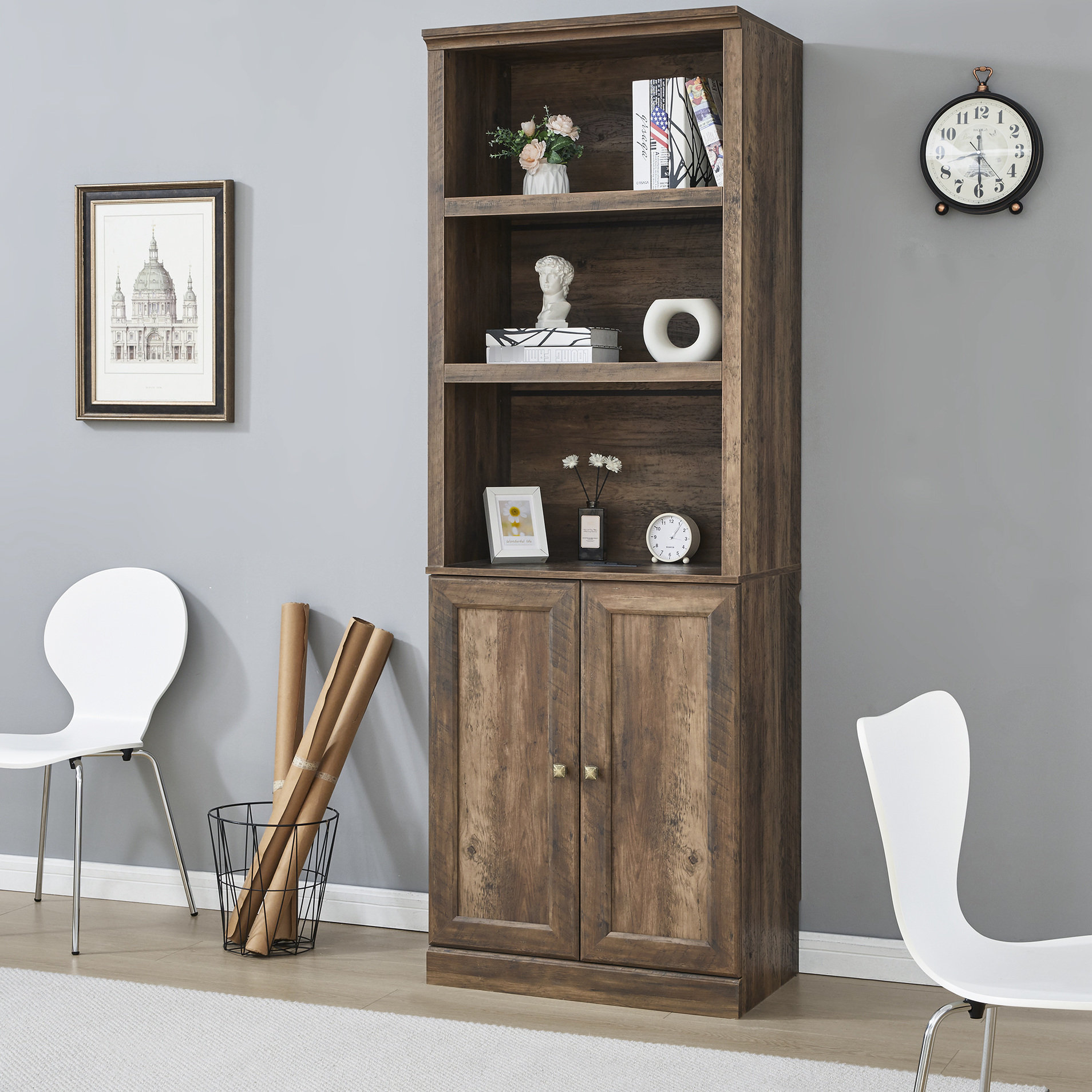 17 Stories Brown Bookcase With 3 Open Shelves And Charging Port For Den ...