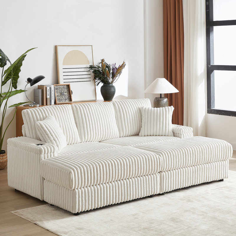 CanapÃ©-lit de 84 po en 4 piÃ¨ces avec 2 coussins dÃ©coratifs et 2 poufs avec rangement, Beige