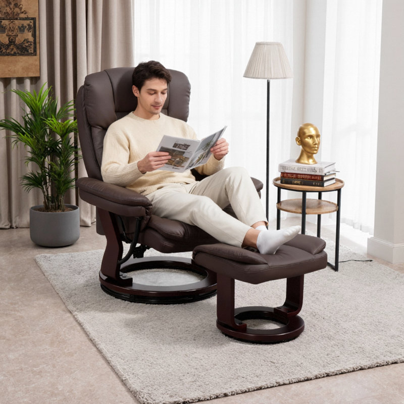 360° Swivel Recliner with Ottoman - Plush PU Leather, Adjustable Support for Ultimate Relaxation, Brown